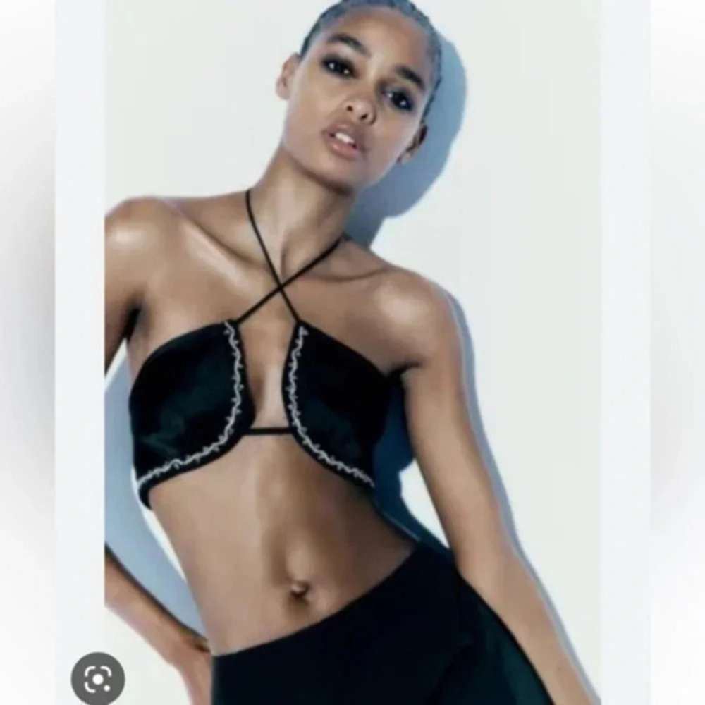 New Zara Satin Effect Rhinestone Black Top